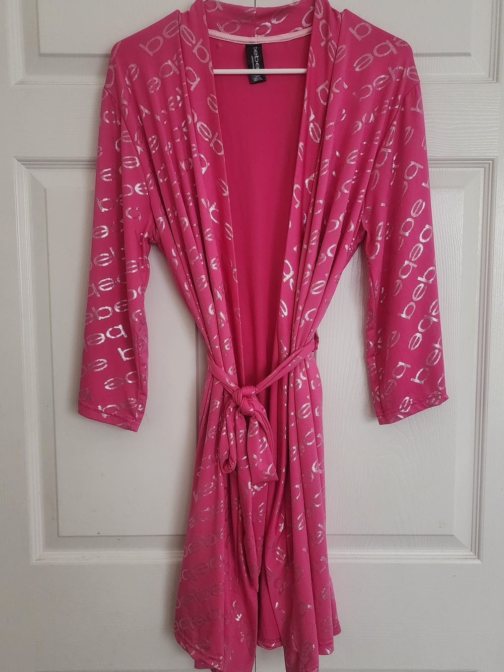 Bebe Pink Robe With Silver All Over Logo Pattern, Womens Sz M
